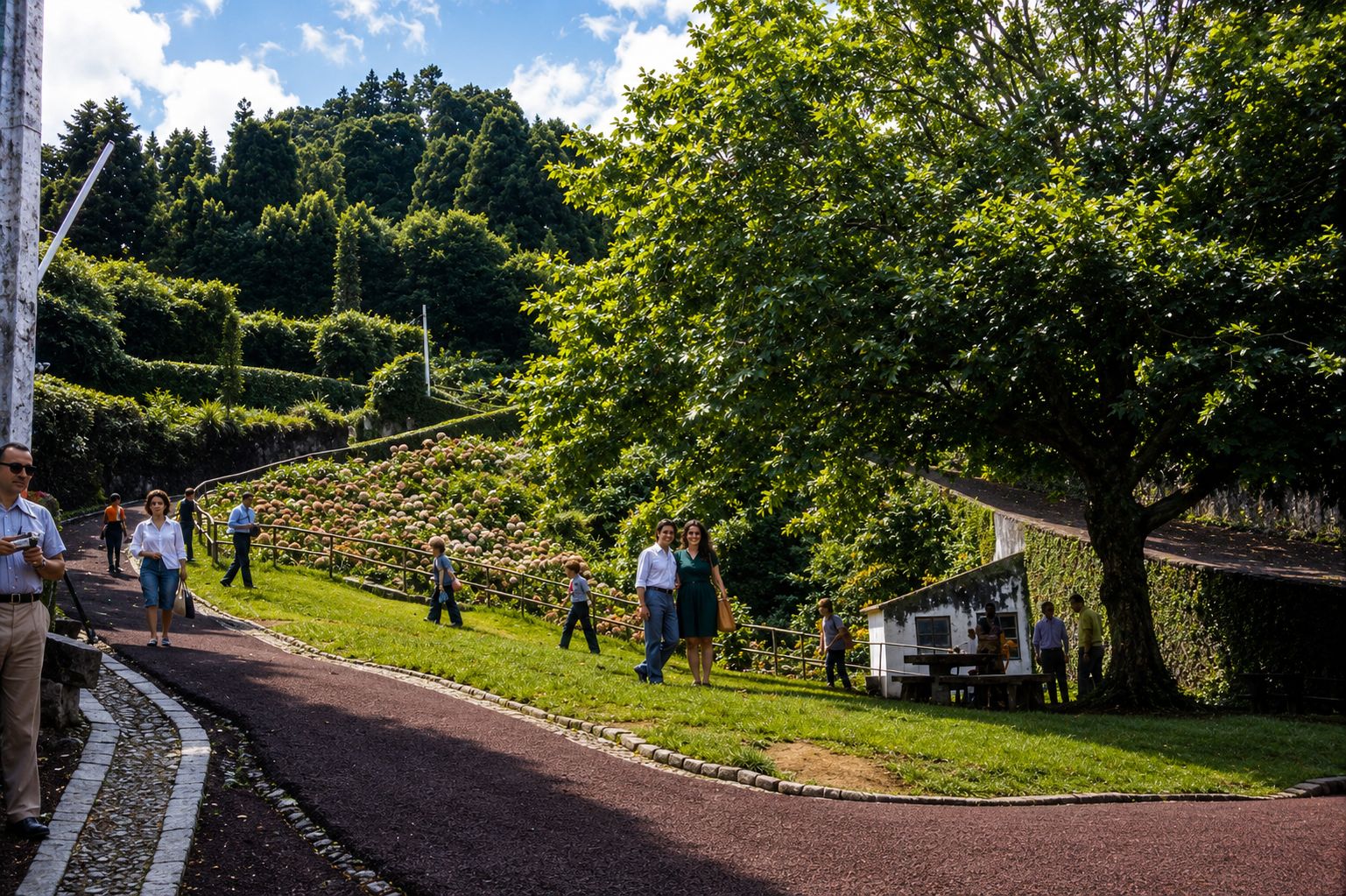Passeio ensolarado entre flores e jardins lushes