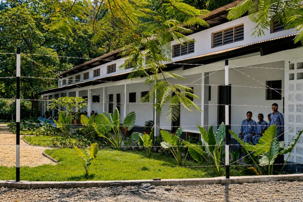 Jovens junto ao edifício tropical