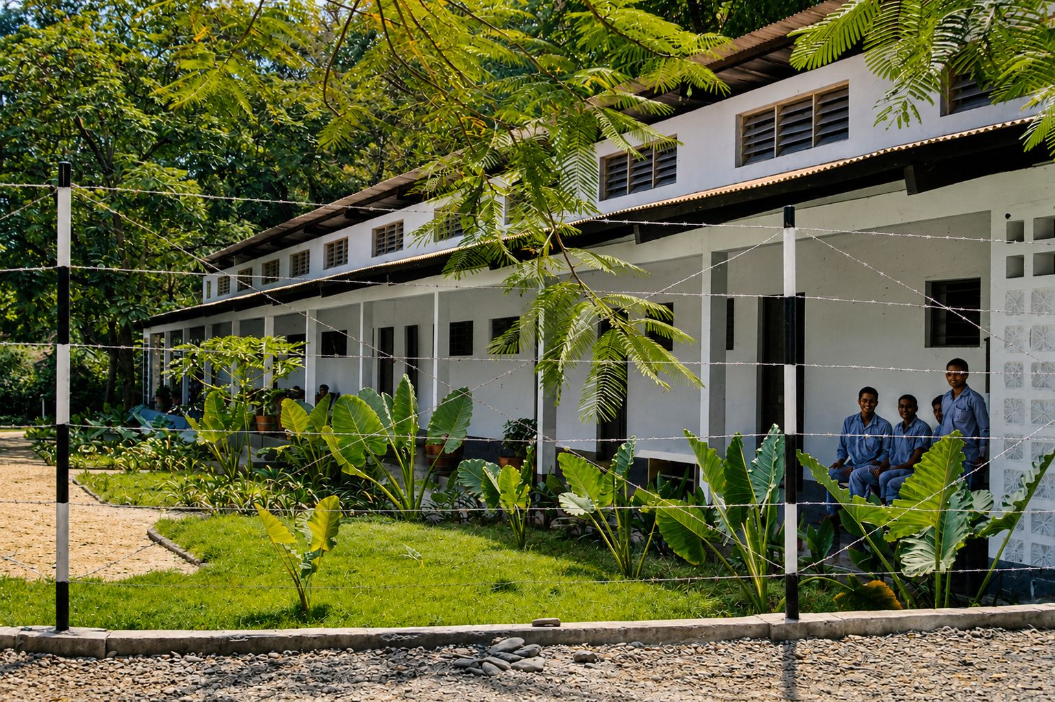 Jovens junto ao edifício tropical