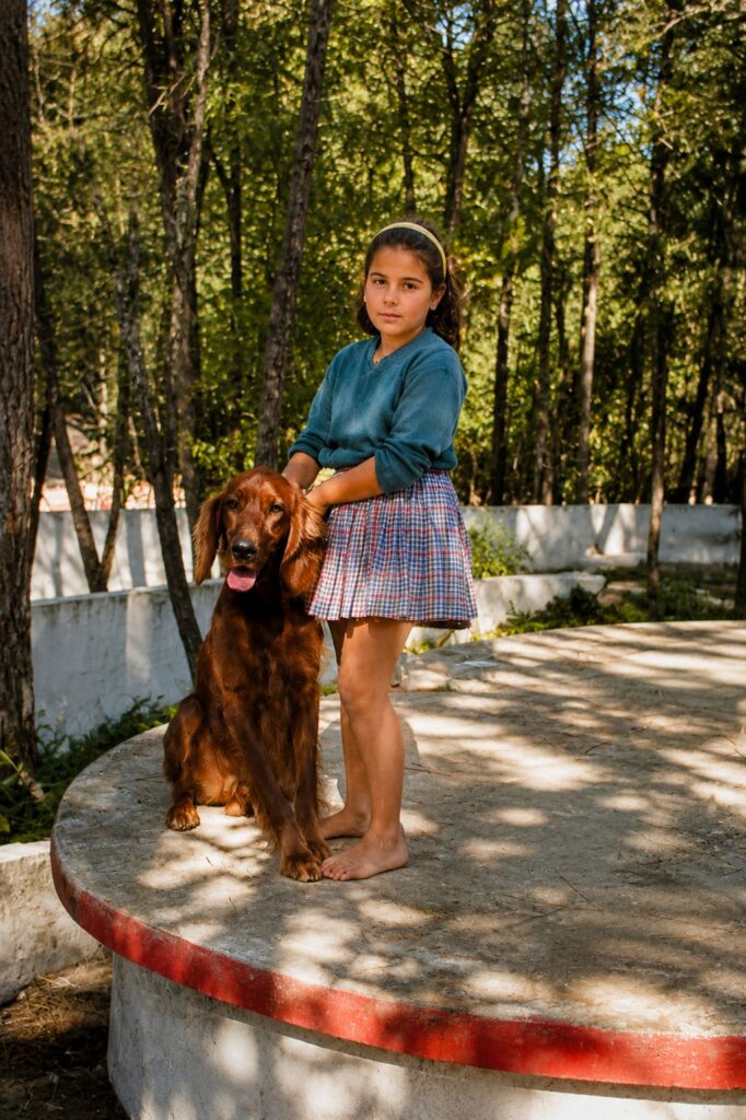 Menina e cão num parque arborizado