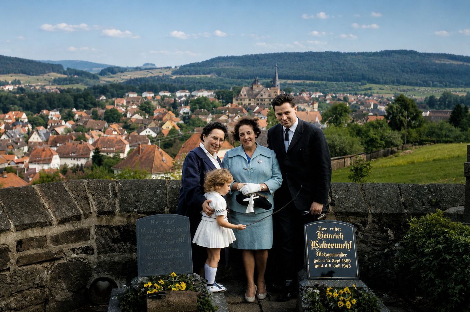 Família junto às sepulturas com vista panorâmica