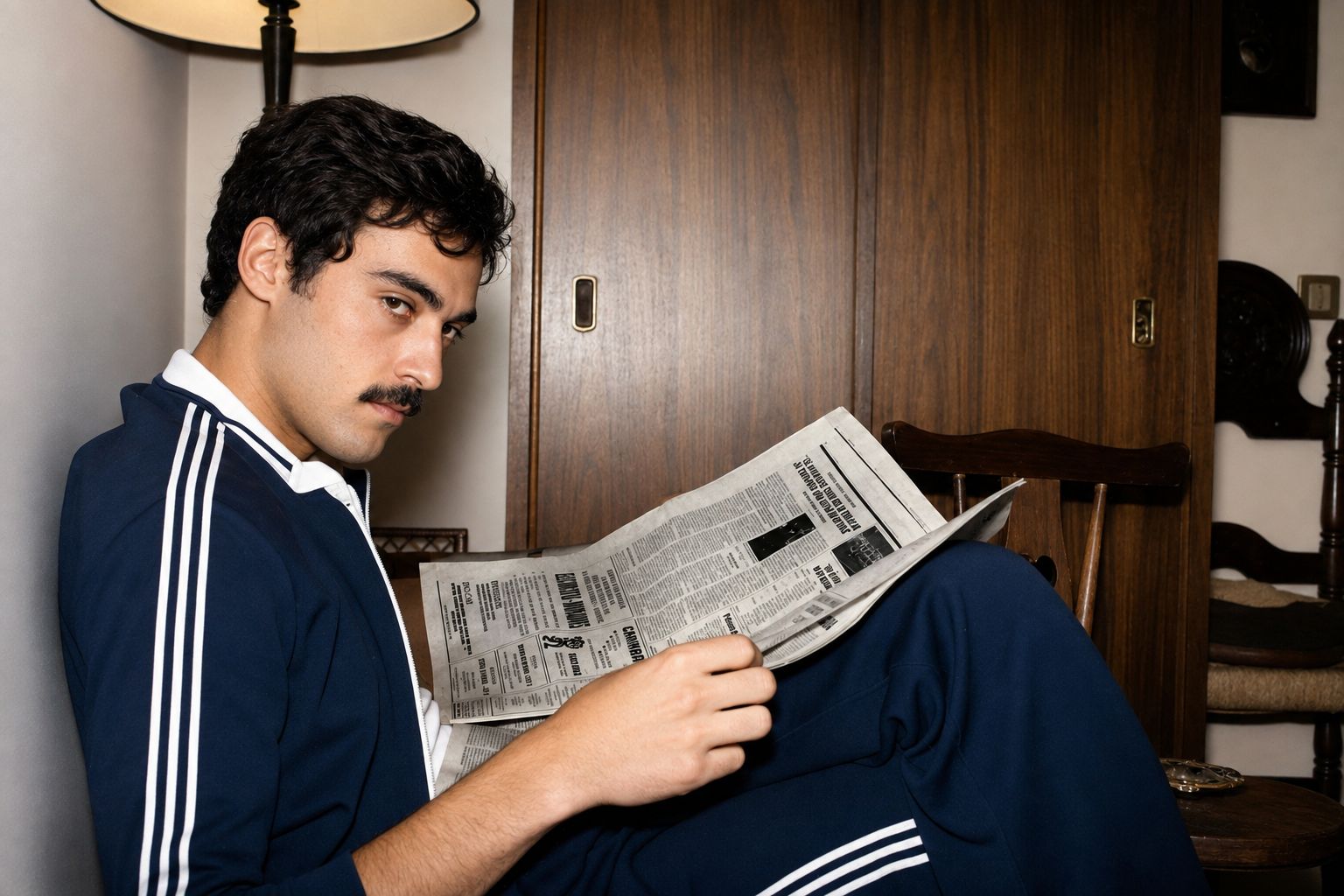 Homem a ler jornal junto à janela