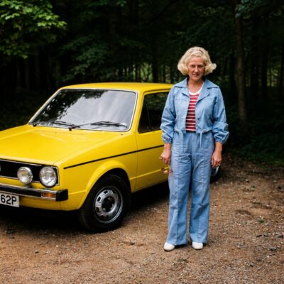 Carro amarelo clássico na floresta