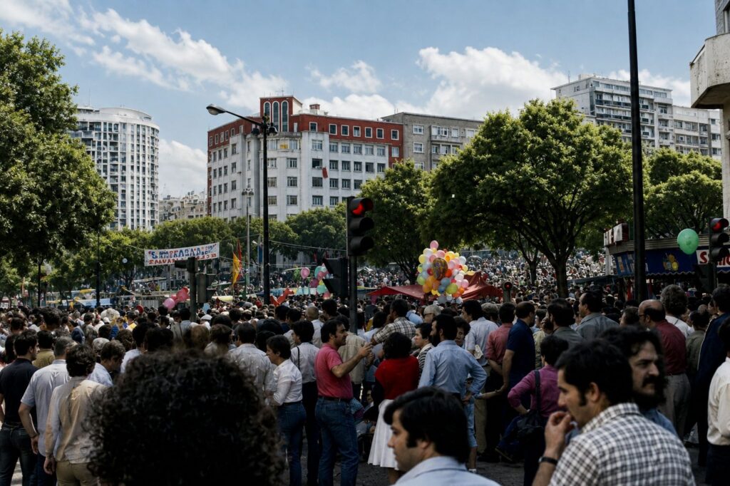 Multidão Festiva numa Avenida Urbana