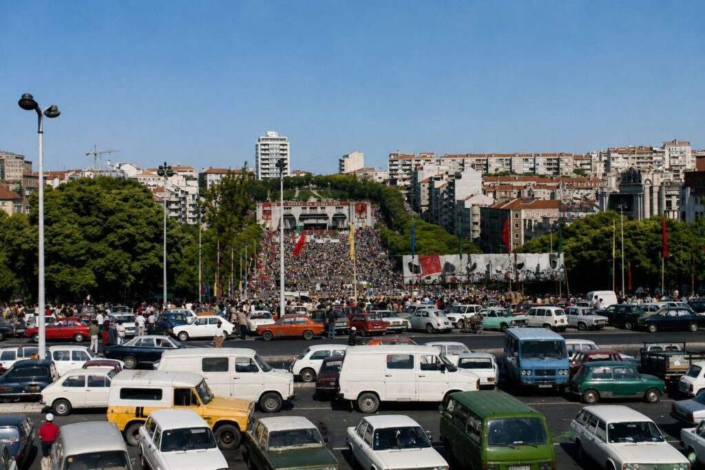 Panorama urbano com multidão e bandeiras