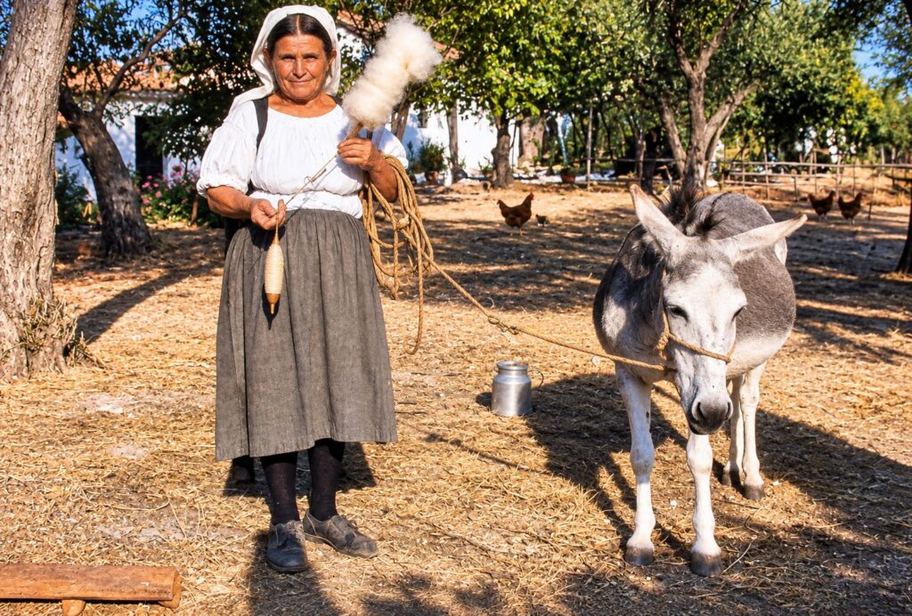 Retrato rural com mulher, burro e galinhas
