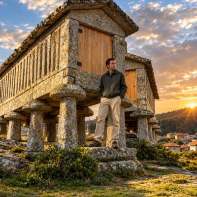 Hórreo de pedra ao pôr do sol
