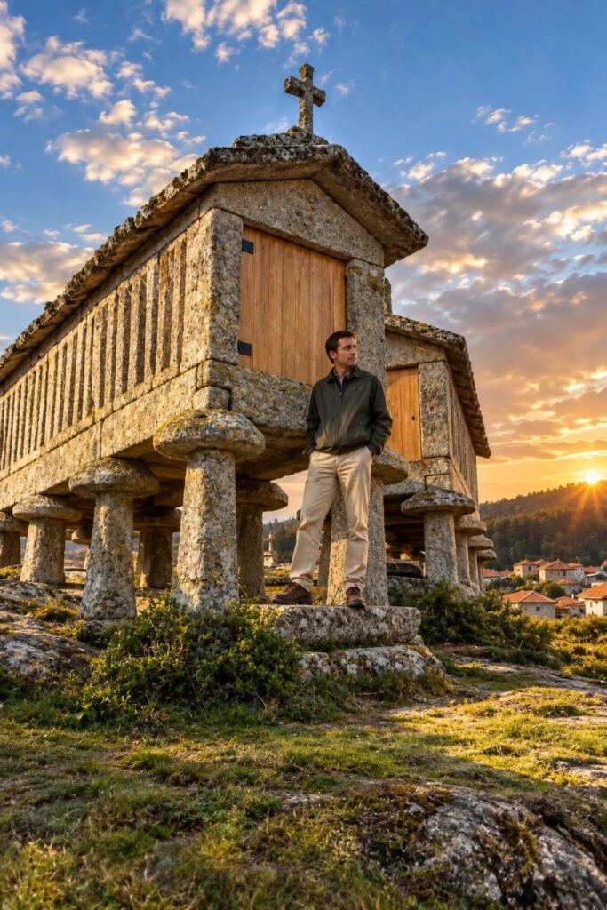 Hórreo de pedra ao pôr do sol
