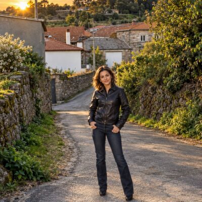 Mulher numa aldeia ao pôr do sol